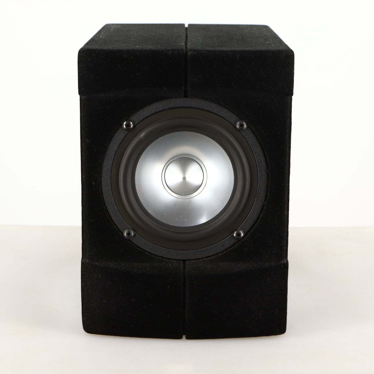 Front view of a used Acoustic Precision Eikos FR1 Standmount Speaker in a black flock finish