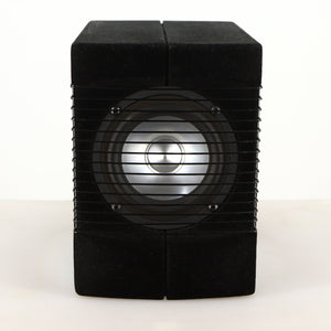 Front view of a used Acoustic Precision Eikos FR1 Standmount Speaker in a black flock finish showing grille