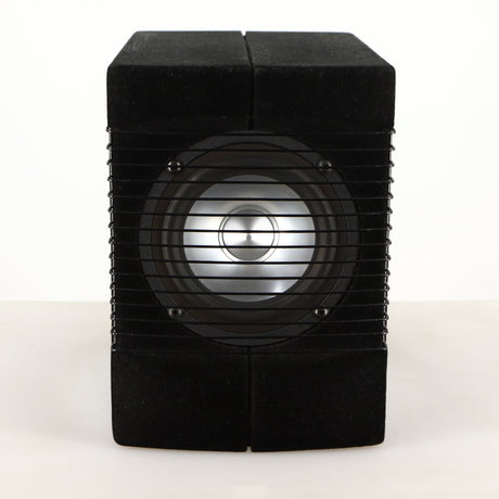 Front view of a used Acoustic Precision Eikos FR1 Standmount Speaker in a black flock finish showing grille