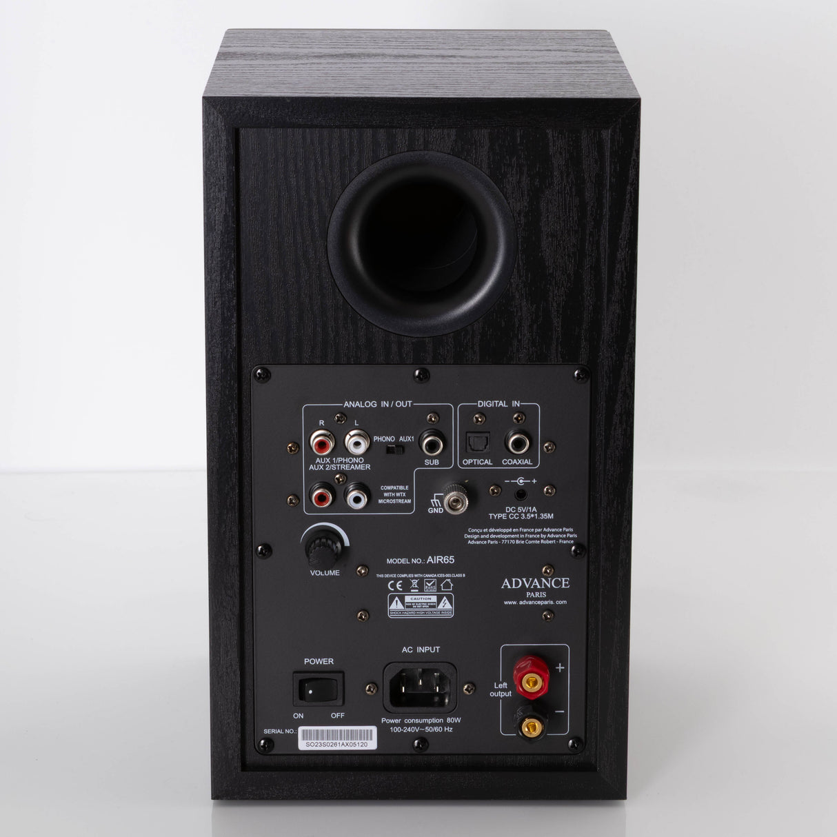 Rear view of a used Advanced Paris AIR 65 Wireless Speaker - Bluetooth Only in a Black finish showing Mains Input, Phono Inputs and Phono Outputs