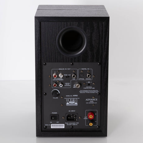 Rear view of a used Advanced Paris AIR 65 Wireless Speaker - Bluetooth Only in a Black finish showing Mains Input, Phono Inputs and Phono Outputs