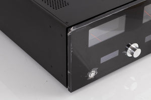 Front left corner of a used Advanced Paris X-i1100 Integrated Amplifier in a Black finish