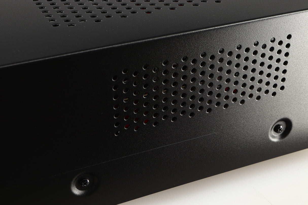 Close up of a used Advanced Paris X-i75 Integrated Amplifier in a black finish showing scratch on right side