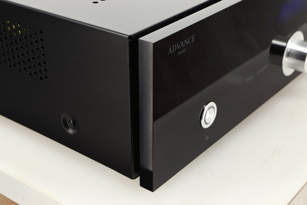Front left corner of a used Advanced Paris X-i75 Integrated Amplifier in a black finish