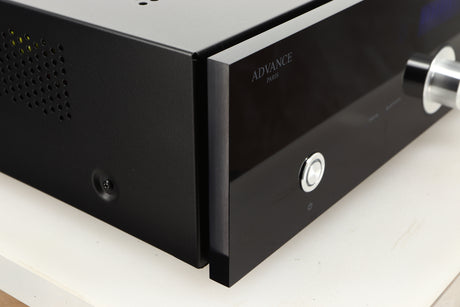 Front left corner of a used Advanced Paris X-i75 Integrated Amplifier in a black finish