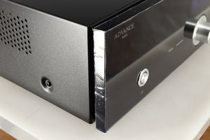 Front left corner of a used Advanced Paris X-i75 Integrated Amplifier in a black finish