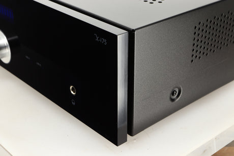 Front right corner of a used Advanced Paris X-i75 Integrated Amplifier in a black finish