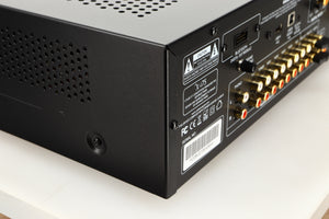 Rear right corner of a used Advanced Paris X-i75 Integrated Amplifier in a black finish