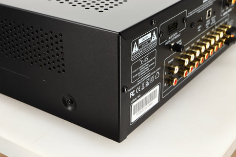 Rear right corner of a used Advanced Paris X-i75 Integrated Amplifier in a black finish