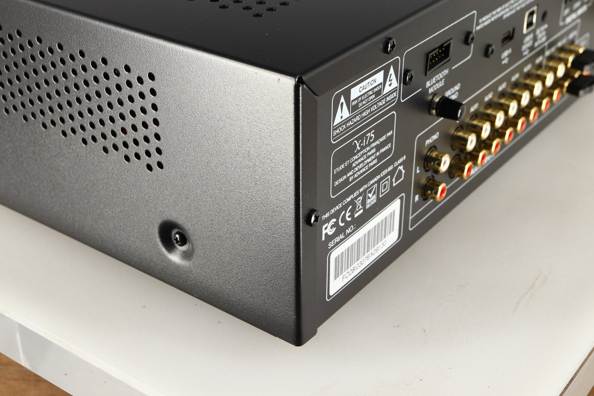Rear right corner of a used Advanced Paris X-i75 Integrated Amplifier in a black finish