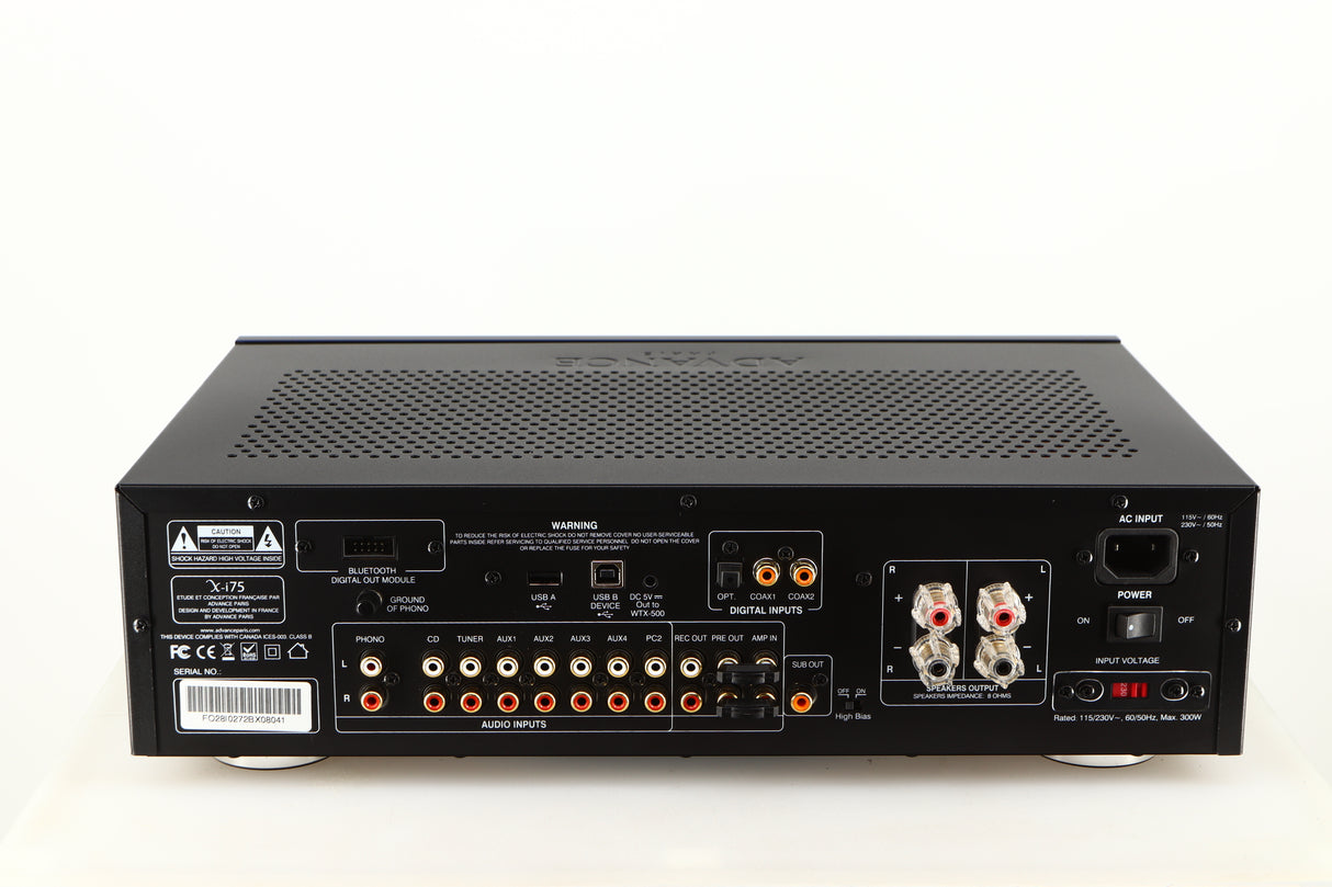 Rear view of a used Advanced Paris X-i75 Integrated Amplifier in a black finish showing Phono Inputs, Phono Outputs, Mains Input, USB Inputs, Optical Input and Speaker Outputs