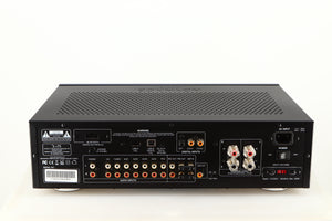 Rear view of a used Advanced Paris X-i75 Integrated Amplifier in a black finish showing Phono Inputs, Phono Outputs, Mains Input, USB Inputs, Optical Input and Speaker Outputs