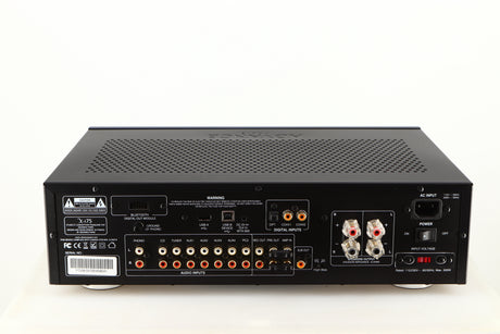 Rear view of a used Advanced Paris X-i75 Integrated Amplifier in a black finish showing Phono Inputs, Phono Outputs, Mains Input, USB Inputs, Optical Input and Speaker Outputs
