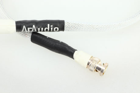 Close up of a used AF Audio Silver Digital Interconnect Cable RCA-BNC 0.75m in a white finish
