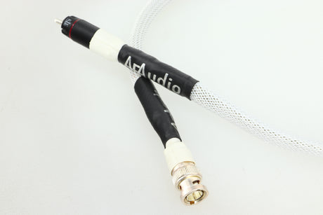 Close up of a used AF Audio Silver Digital Interconnect Cable RCA-BNC 0.75m in a white finish