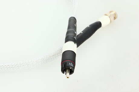 Close up of a used AF Audio Silver Digital Interconnect Cable RCA-BNC 0.75m in a white finish