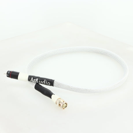 Front right corner of a used AF Audio Silver Digital Interconnect Cable RCA-BNC 0.75m in a white finish