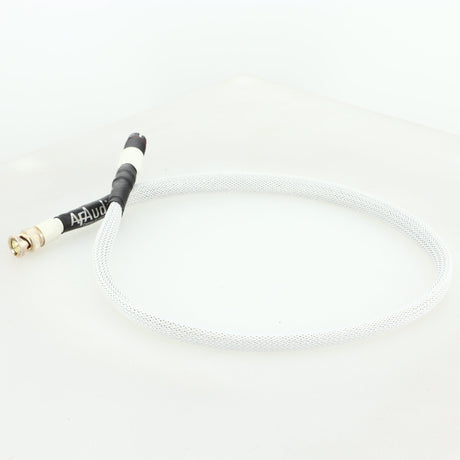 Rear right corner of a used AF Audio Silver Digital Interconnect Cable RCA-BNC 0.75m in a white finish