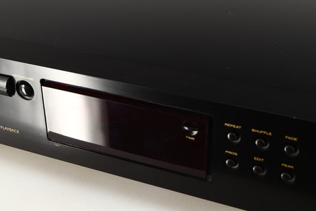 Close up of a used AH! Njoe Tjoeb 4000 CD Player in a black finish showing scratch on screen and fascia