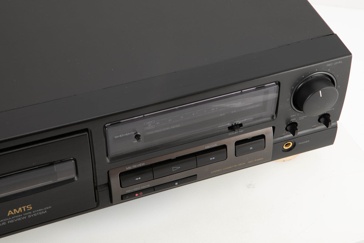 Close up view of a used Aiwa AD-F460 Cassette Deck