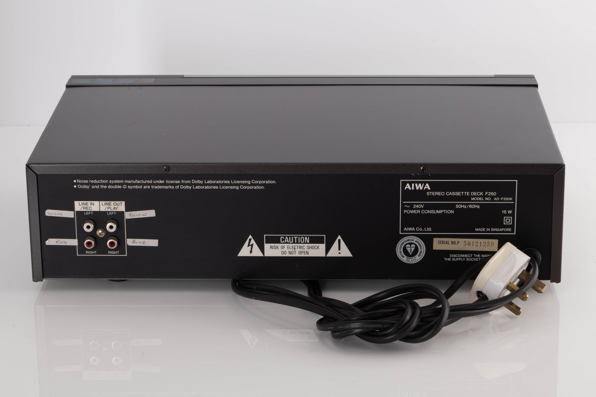 Rear view of a used Aiwa F250 Cassette Deck showing Phono Inputs and Outputs