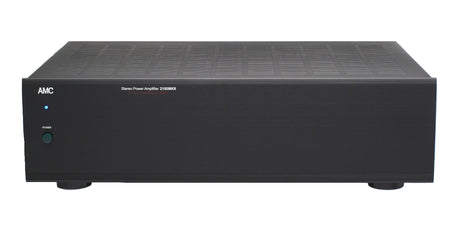 Front view of an AMC 2100MKII Stereo Power Amplifier in a black finish