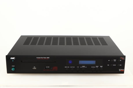 Front view of a used AMC XCDise-vt CD Player With MD5404us2 Tube Output in a black finish showing USB Input
