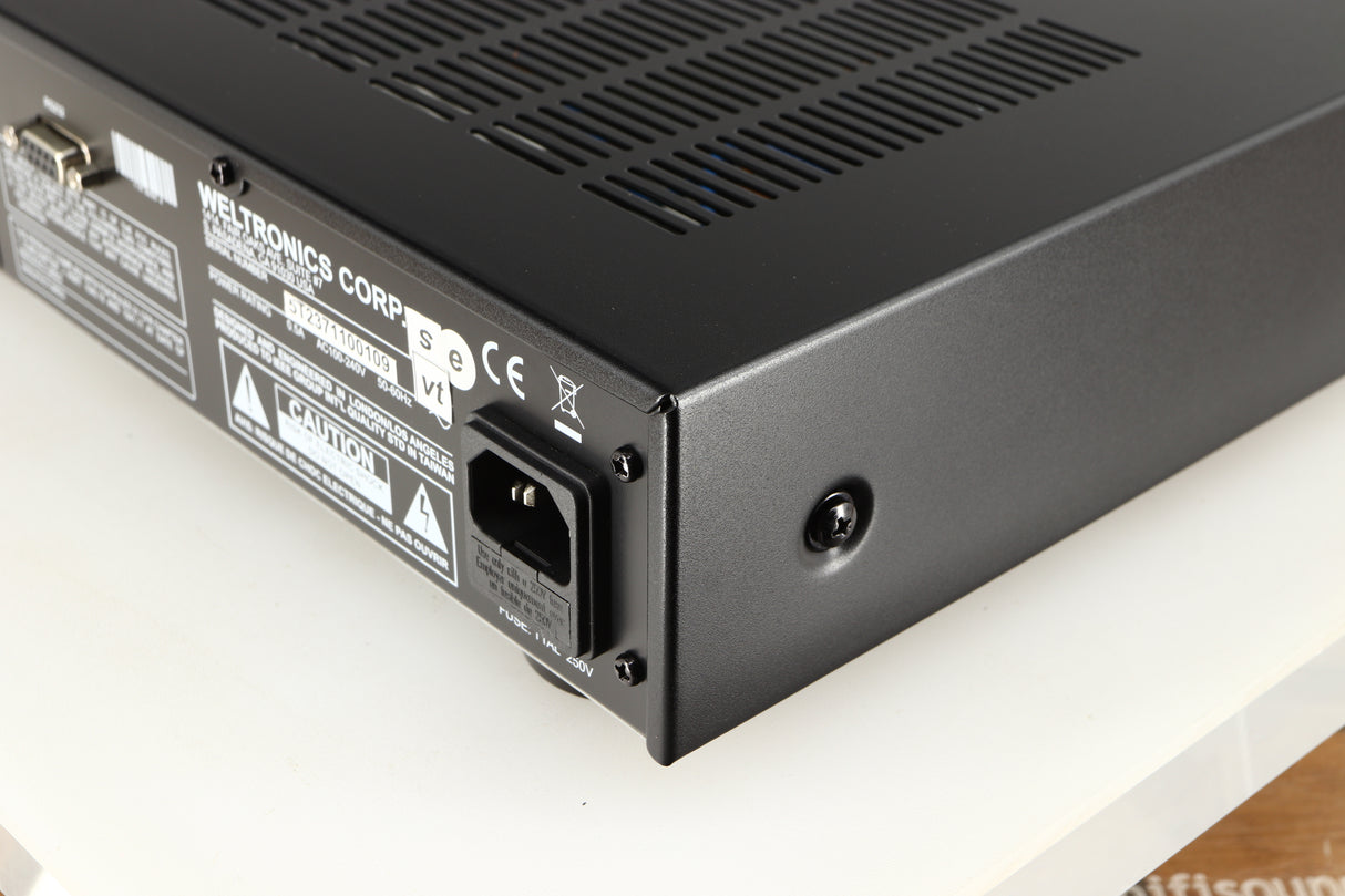 Rear left corner of a used AMC XCDise-vt CD Player With MD5404us2 Tube Output in a black finish