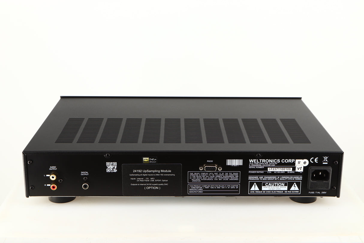 Rear view of a used AMC XCDise-vt CD Player With MD5404us2 Tube Output in a black finish showing Phono Outputs and Mains Input