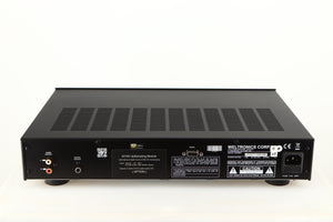 Rear view of a used AMC XCDise-vt CD Player With MD5404us2 Tube Output in a black finish showing Phono Outputs and Mains Input