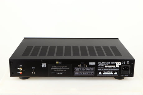 Rear view of a used AMC XCDise-vt CD Player With MD5404us2 Tube Output in a black finish showing Phono Outputs and Mains Input