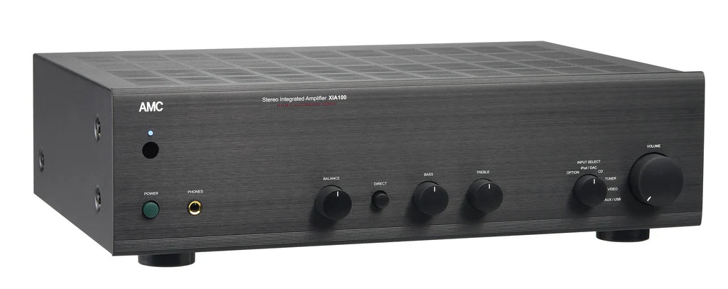 Front view of an AMC XIA100se Stereo Integrated Amplifier in a black finish