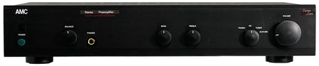 Front view of an AMC XP1000se Stereo Power Amplifier in a black finish