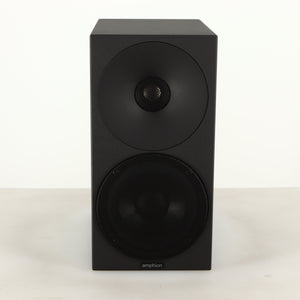 Front view of a used Amphion Helium 410 Standmount Speaker in a black finish