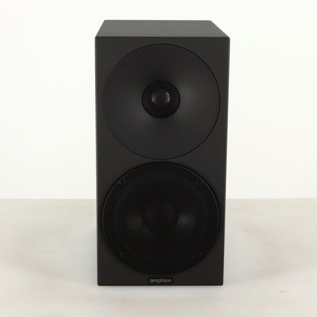 Front view of a used Amphion Helium 410 Standmount Speaker in a black finish