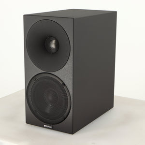 Front right corner of a used Amphion Helium 410 Standmount Speaker in a black finish