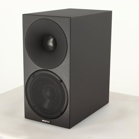Front right corner of a used Amphion Helium 410 Standmount Speaker in a black finish