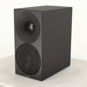 Front right corner of a used Amphion Helium 410 Standmount Speaker in a black finish