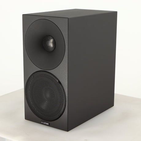 Front right corner of a used Amphion Helium 410 Standmount Speaker in a black finish