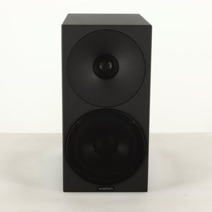 Front view of a used Amphion Helium 410 Standmount Speaker in a black finish