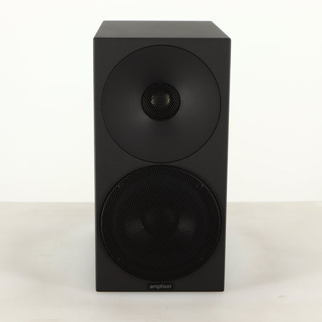 Front view of a used Amphion Helium 410 Standmount Speaker in a black finish