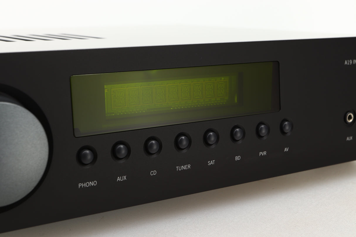 Close up view of a used Arcam A19 Integrated Amplifier in Black finish showing the display