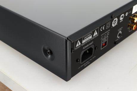 Rear left corner view of a used Arcam A19 Integrated Amplifier in Black finish