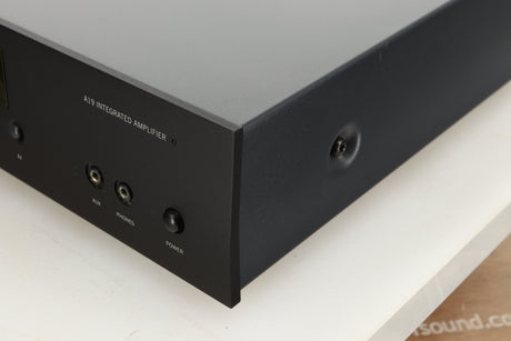 Front right corner view of a used Arcam A19 Integrated Amplifier