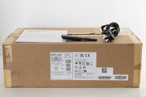 Box of a used Arcam A25 Radia Integrated Amplifier with mains cable, manual, and remote