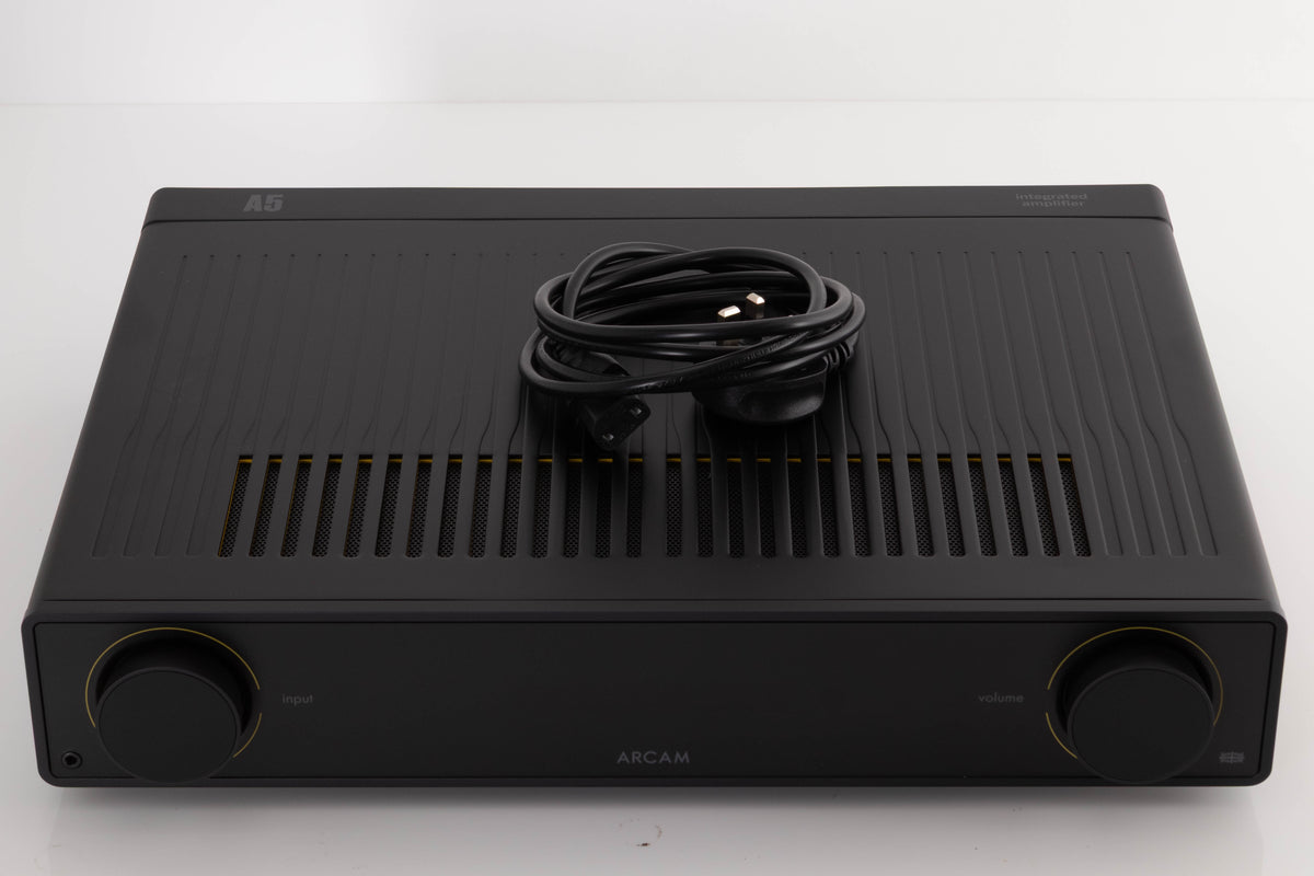 Top of a used Arcam A5 Integrated Amplifier in a Black finish showing Mains Cable