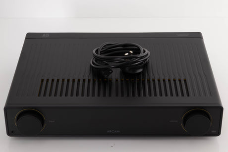 Top of a used Arcam A5 Integrated Amplifier in a Black finish showing Mains Cable