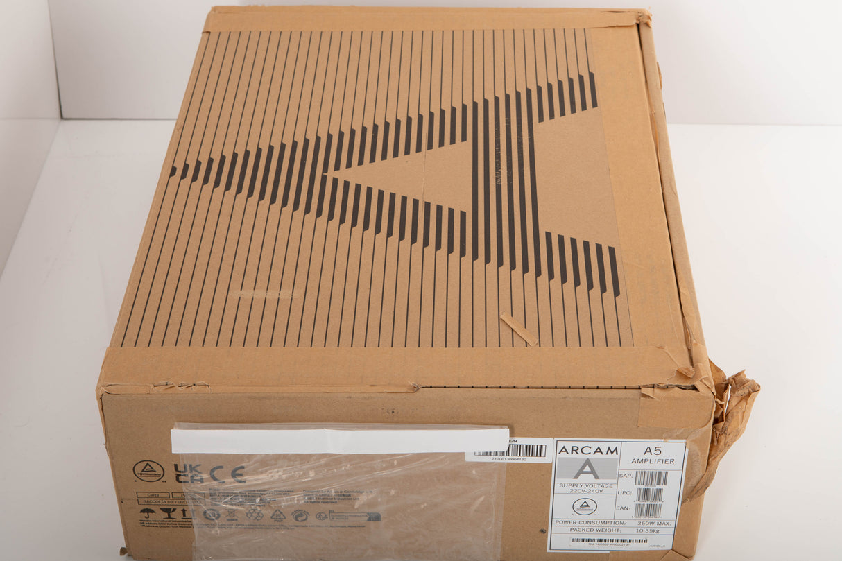Box for a used Arcam A5 Integrated Amplifier in a black finish