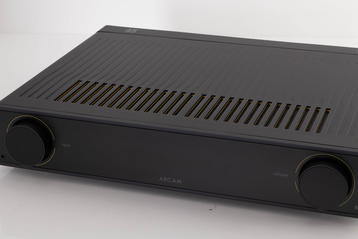 Close up of a used Arcam A5 Integrated Amplifier in a Black finish showing fascia