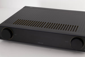 Close up of a used Arcam A5 Integrated Amplifier in a Black finish showing fascia